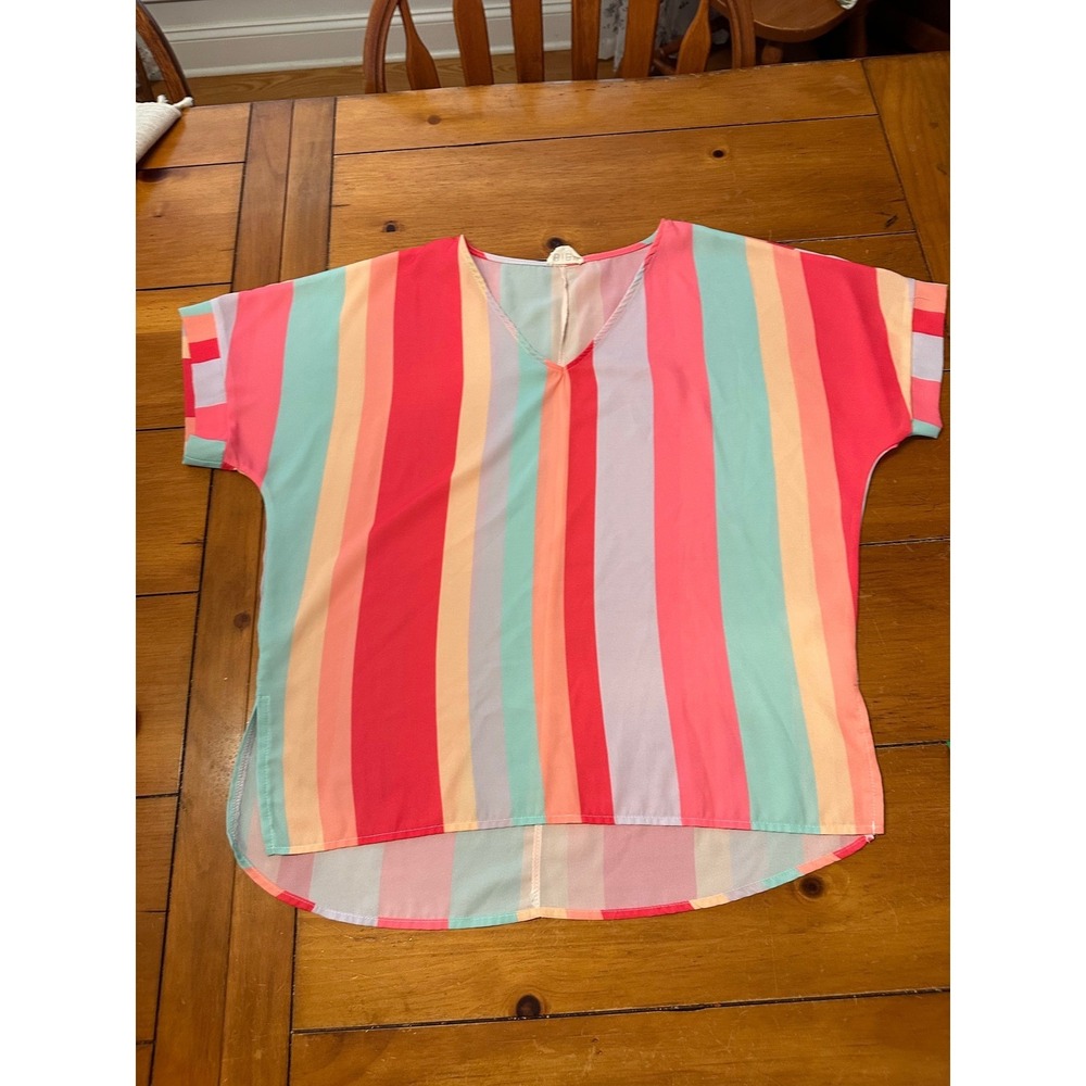 BiBi Women Large Pink Mint Striped V-Neck Chiffon High-Low‎ Blouse Short Sleeve - Picture 2 of 8